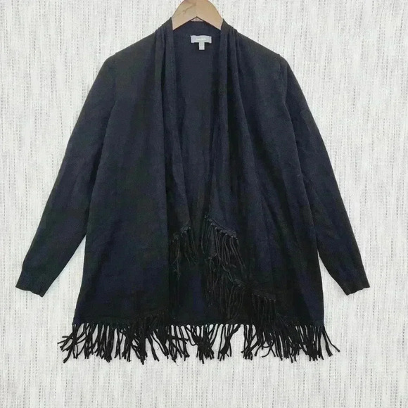 Neiman Marcus Fringe Open Front Cardigan Sweater Size L Black - Picture 1 of 8